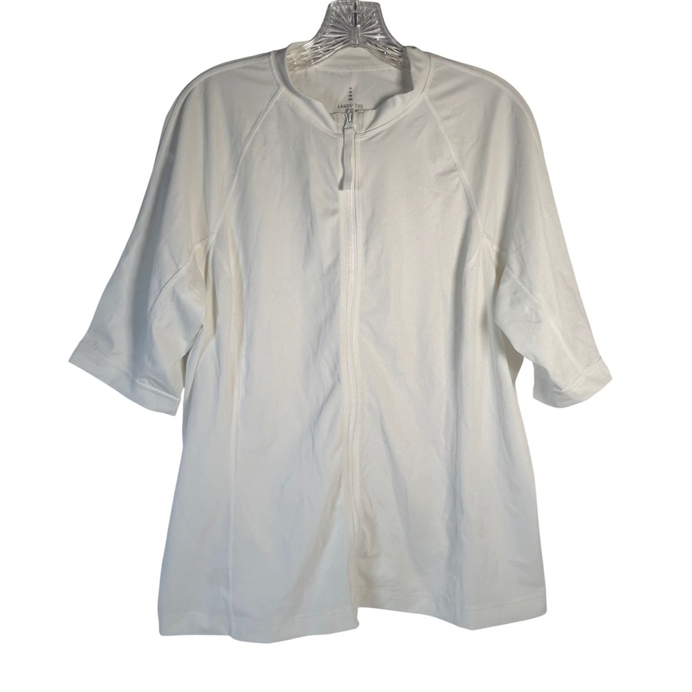 Lands End Womens XL 18 White Full Zip Rash Guard Short Sleeve Swim‎ Shirt